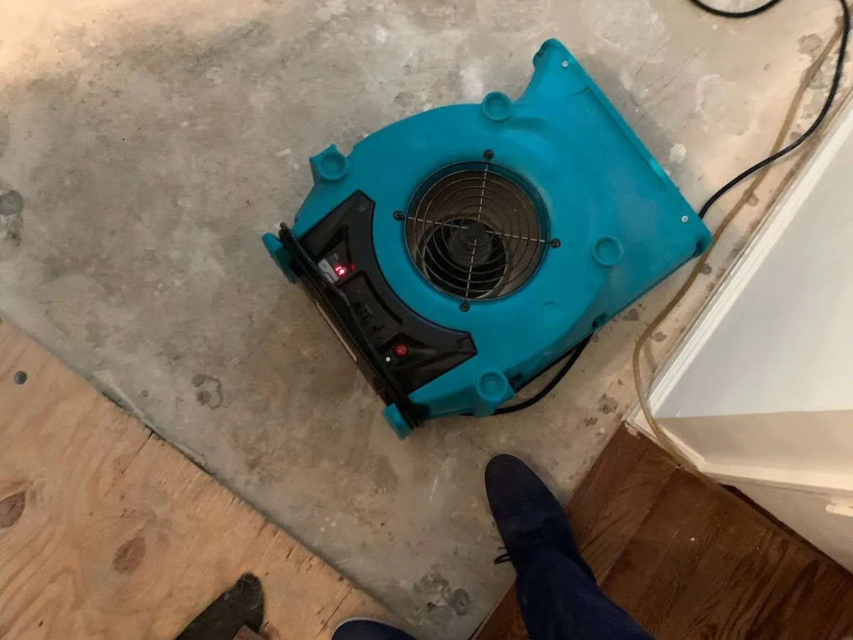 Air mover drying subfloor during Commercial Water Damage Restoration in Lihue